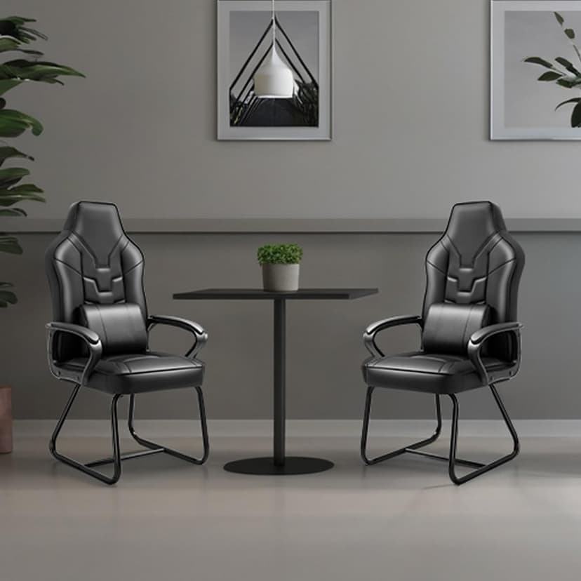Leather Office Guest Chair No Wheels High Back Computer Reception Chairs with Padded Arms Waist Pillow for Gaming Meeting Conference Waiting Room, Black