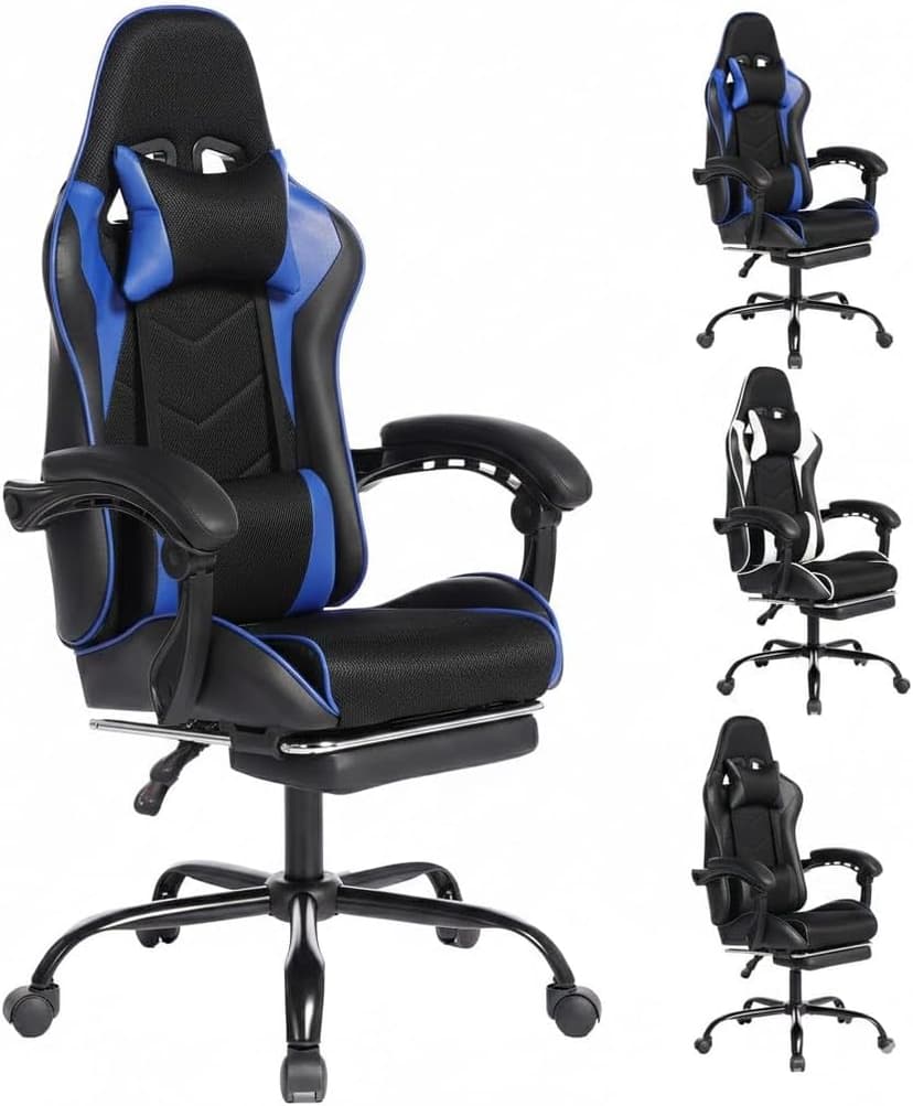 Gaming Chair, Gaming Chairs for Adults Ergonomic Gaming Chair with footrest Video Computer Chair with Headrest and Massage Lumbar Support for Adults, Kids 12+ (Black+Blue-B)