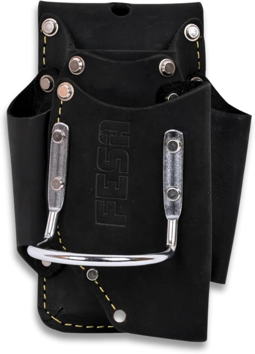 FESA Small Leather Tool Pouch - 5-in-1 Heavy Top Grain Leather Small Tool Pouch with a Steel Hammer Loop, 4 Pockets & Reinforced Heavy Duty Rivets - Fits Belts up to 3" - Handcrafted