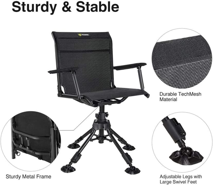 TIDEWE Hunting Chair with Seat Cover, 360 Degree Silent Swivel Blind Folding Chair, 4 Legs Adjustable Height Hunting Seats with Armrest, Portable Comfortable Stable Ground Hunting Chair
