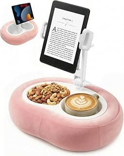Compatible with Kindle, iPad, Phone and Tablet 5" to 12.9", Soft Plush Fabric, with 2 Snack Bowls, for Reading and Relaxing Miledi Tablet Pillow Stand for Bed with 360° Rotating Holder, Pink B0DJ2NSNFP