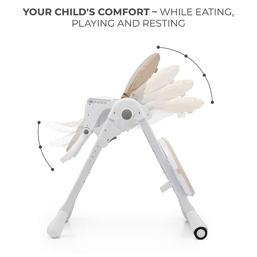 Kinderkraft Tummie, 2-in-1 high Chair, Baby Chair, Ergonomic, Comfortable, Reclining, Foldable, with Ajustable Height, Footrest, Detachable Tray, for Toddler, with Toys, Beige