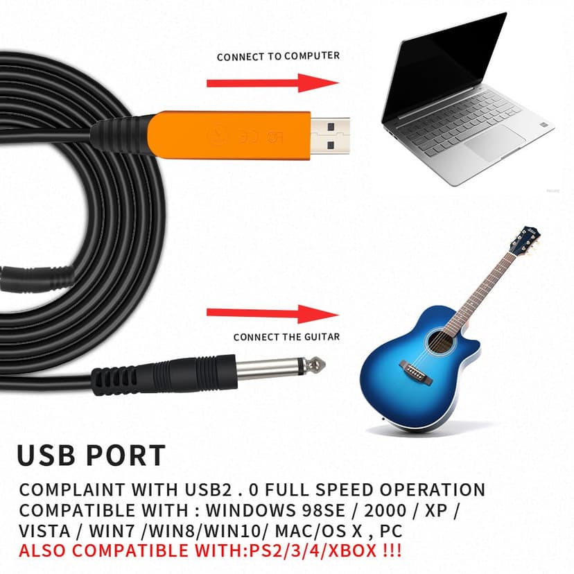 HixYaxi USB Guitar Cable for Instruments Recording 10FT USB-A to 6.35mm 1/4 TS Gold-Plated Cable Audio Adapter for Eletronic Guitar, Bass, Piano Recording Compatible with PC, Mac etc. - 10FT/3.1M
