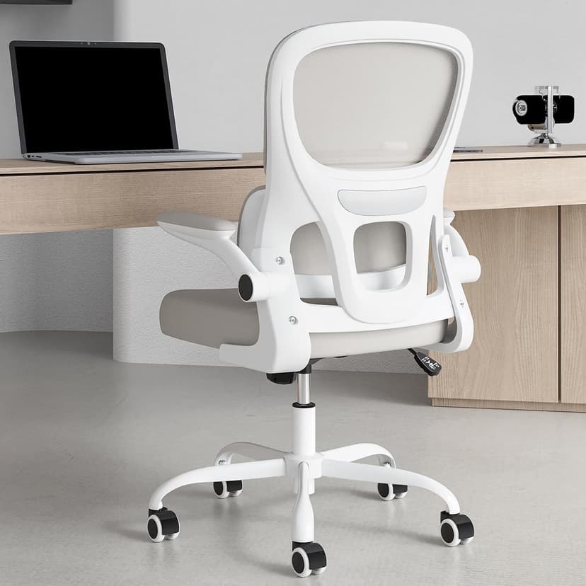 Soohow Office Chair, Mesh Ergonomic Office Chair with Lumbar Support, Comfy Computer Desk Chair with Flip Armrest Rolling Wheels for Home Study Room Office, White & Khaki