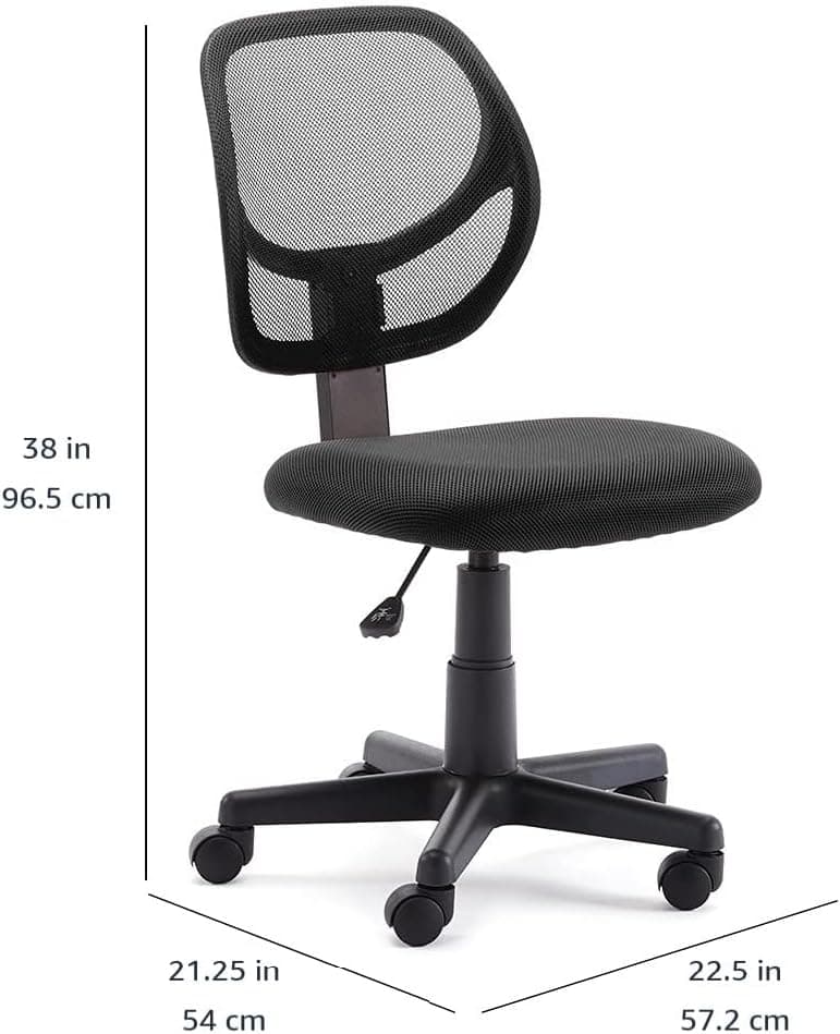 Amazon Basics Low Back Office Chair, Breathable Mesh, Height Adjustable, Padded Seat, Rolling Wheels, Swivel, Back Support, Sturdy, 21.25" D x 22.5" W x 38" H, Black