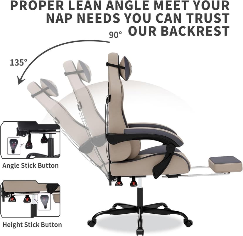 Gaming Chair with Massage,Ergonomic PC Gaming Chair with Footrest Comfortable Headrest and Lumbar Support, High Back, 300LBS (Grey)