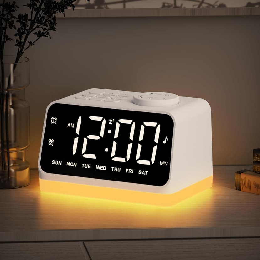 JALL Digital Alarm Clock with FM Radio for Bedroom, 8 Colors Night Light with Charging Port, Sleep Sound Machines with Timer, Dual Alarm (White with White Font)
