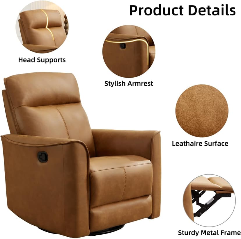 CANMOV Swivel Rocker Recliner, Glider Rocking Chair, Nursing Chairs Swivel Glider Recliners with Soft Backrest, Leathaire Manual Reclining Sofa for Living Room Bedroom Apartment, Brown