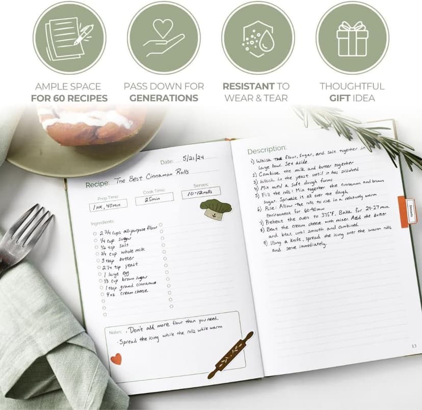 Blank Recipe Notebook | Small Blank Recipe Book to Write in Your Own Recipes | Artisan Hardcover Journal for 60 Recipes | 8.4” x 6” Leather Sage Green & Gold Hardcover | Tabs, Stickers, Pocket & Bookmarks B0D9KZP8TG