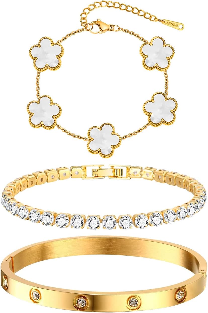 MPRAINBOW Womens Stackable Floral Gold Bracelets - 3Pcs 18K Gold Plated Bracelet,Stainless Steel Bangle Bracelets Non Tarnish, Gold Bracelet Set Trendy Jewelry,Christmas Valentines Birthday Gifts for Girlfriend