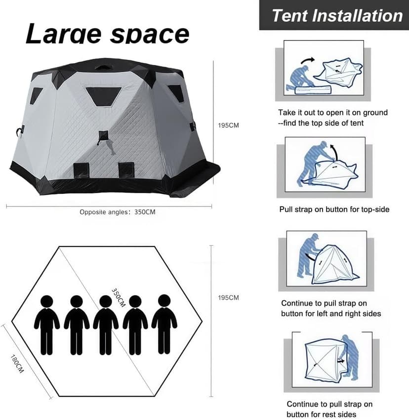 8-12Person Ice Fishing Tent with Stove Jack and Floor Portable ICES Fishings Shelter 210D Insulated Layer Oxford Cloth Hexagon Shanty Pop-Up Fish Tent for Winter Camping Fishing