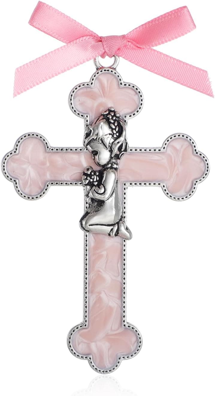 KOMI Pink Enamel Baby Wall Cross Christening Gifts Praying Girl Cross Christening and Dedication Baptismal Gifts from Godparents