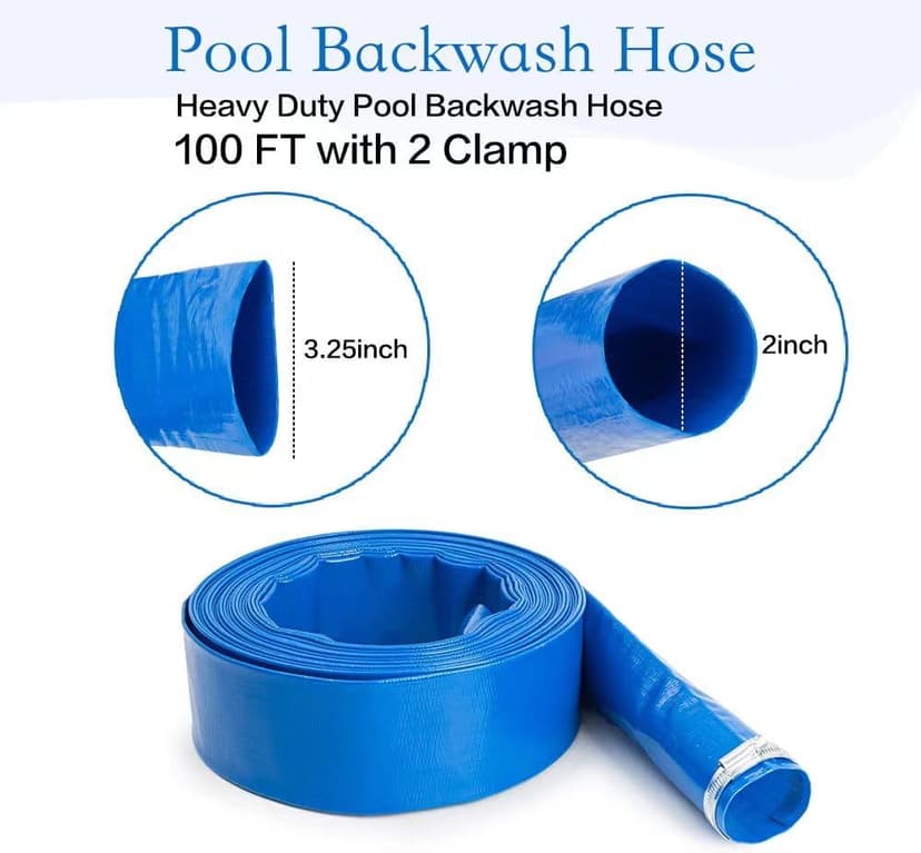 2" x100 FT, Pool Backwash Hose, Heavy-Duty PVC Hose, Lay Flat Discharge Hose, Weatherproof Burst Resistant for Water Transfer, Sump Pump, Pool Filter, Pool Drain,with 2 Clamps