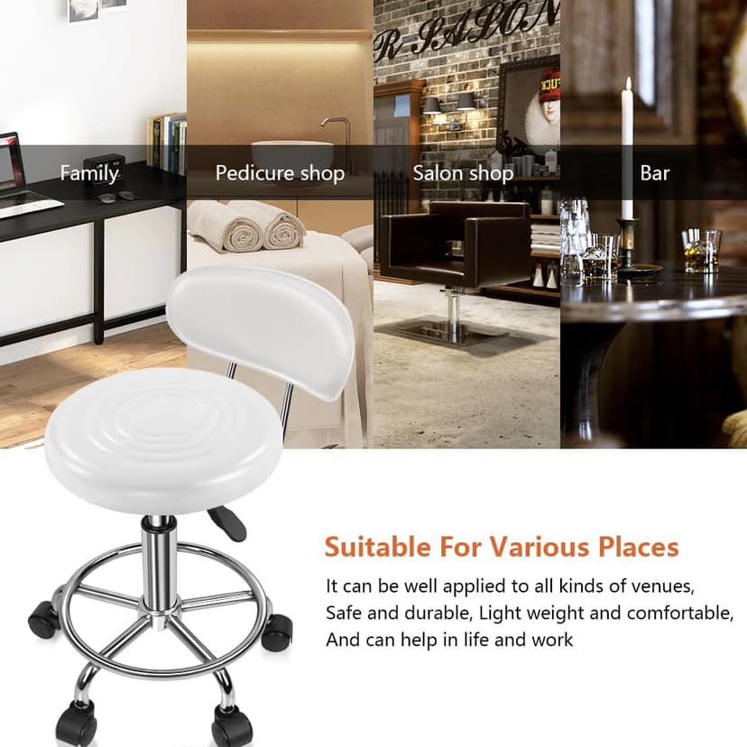 KKTONER PU Leather Modern Rolling Stool with Low Back Height Adjustable Work Salon Drafting Swivel Task Chair with Footrest (White)