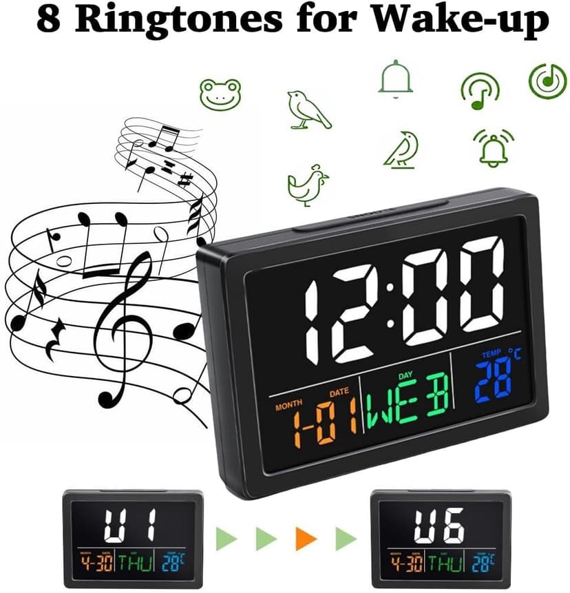 WQV Digital Alarm Clock, 5.5" Large LED Alarm Clock for Bedrooms, Table Desk Clock, with Calendar Date Day Temperature Snooze, Adjustable Alarm Volume & Brightness, Gift for Students Elderly