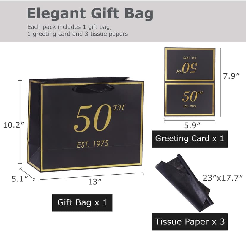 momoake 50th Birthday Gift Bag with Card and Tissue Paper for Men Women Him, 1975 50 Year Old 13" Elegant Black Gold Anniversary Keepsake Party Present Shopping Paper Bags for Gifts Wrapping