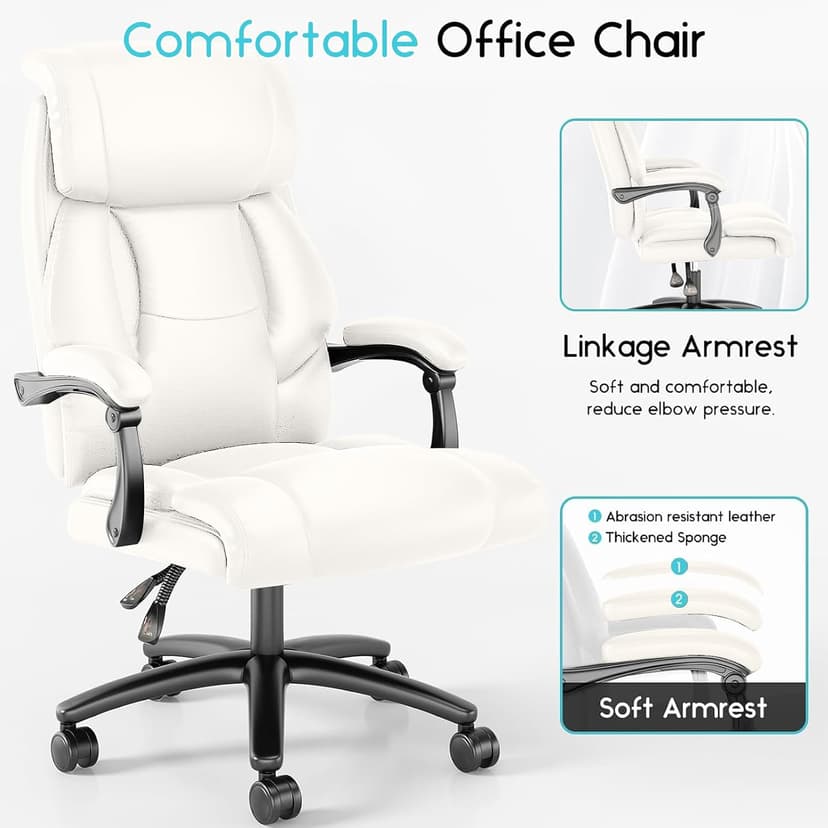 Ollega Reclining Office Chair, Executive Big and Tall Office Chair with Wide Seat, Recliner Leather High Back Computer Desk Chairs (White)