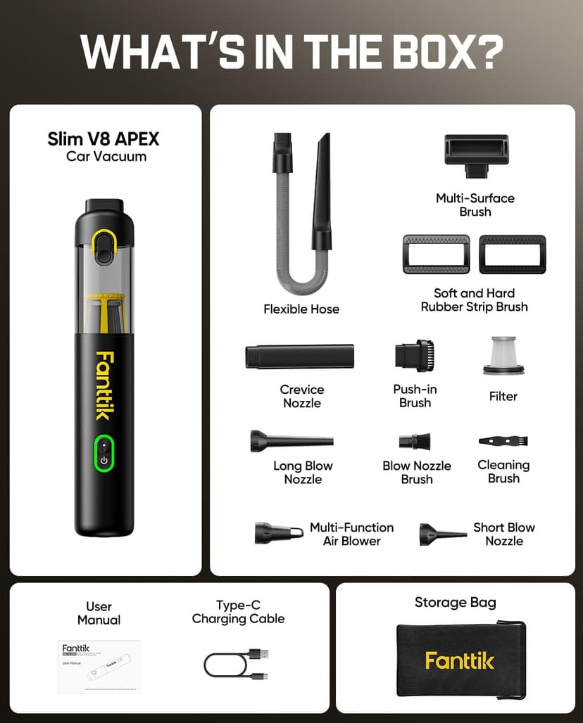 Fanttik Slim V8 APEX Car Vacuum, 4-in-1 Portable Mini Cordless Vacuum with 19000pa Suction Power, Type-C Charge, 2 Suction Modes, Handheld Vacuum for Small Jobs, Car, Office Desk, Keyboards (Black)