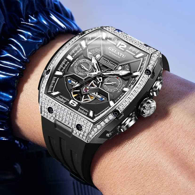 OLEVS GELATU Watch for Men Mechanical Luxury Diamond Watch Skeleton Automatic 50M Waterproof Sapphire Crystal Square Face Multi Calendar Function
