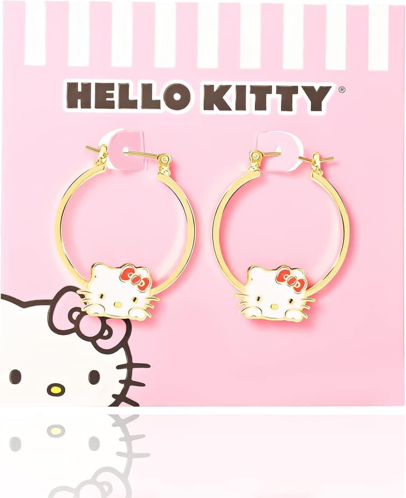 Hello Kitty Hoop Earrings for Women Official License, Gold Tone Flash-Plated and Enamel Sanrio Earrings