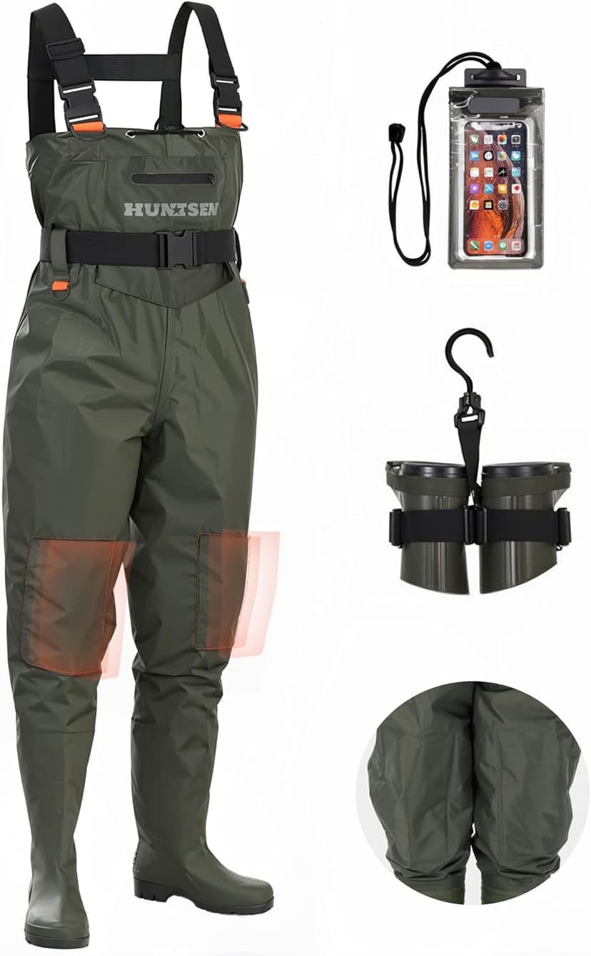 HUNTSEN Fishing Waders for Men Women - 2-Ply Nylon/PVC Waterproof Hunting Chest Waders with Boot Hanger&Phone Case, Size10-12
