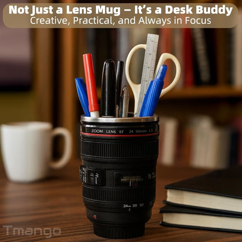Camera Lens Coffee Mug with Slider Lid and Spoon– Realistic DSLR Thermos Cup, Novelty Gift for Photographers, Men & Women