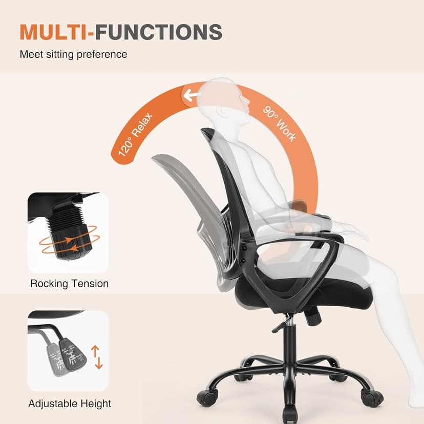 Sweetcrispy Home Office Managerial Executive Chair with Ergonomic Design, Mid-Back Mesh Swivel, Comfortable Lumbar Support, Comfy Arms for Bedroom,Study,Student, Black