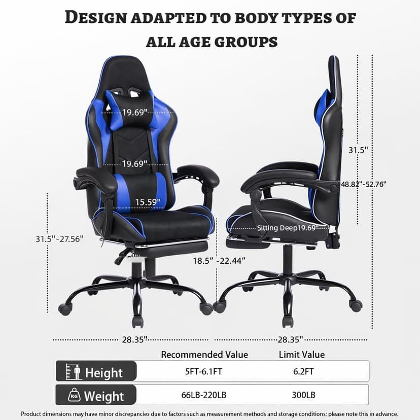 Gaming Chair, Gaming Chairs for Adults Ergonomic Gaming Chair with footrest Video Computer Chair with Headrest and Massage Lumbar Support for Adults, Kids 12+ (Black+Blue-B)