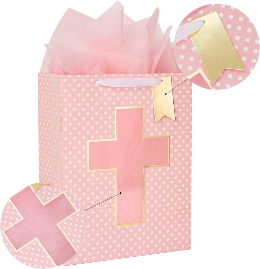 Loveinside Pink Gift Bag with Cross Design, Tissue Paper for Baby Girl Baptisms, Christenings, First Communions Religious Occasion- 10" x 5" x 13", 1 Pcs