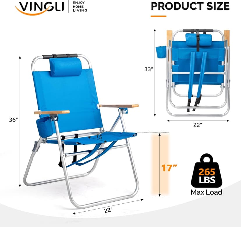 VINGLI 17" Tall Beach Chair, Aluminum Backpack Beach Chairs for Adults, Portable with Adjustable Straps, 3-Position Reclining, Cup Holder, High Lightweight Beach Chairs for Beach