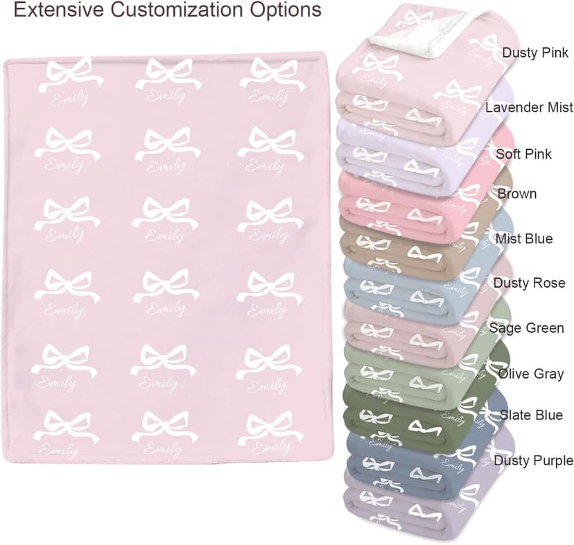 Personalized Baby Blanket with Bow – Custom Name Blanket for Newborn Girl, Soft Coral Fleece Blanket with Custom Bow & Text Color, Keepsake Nursery Blanket