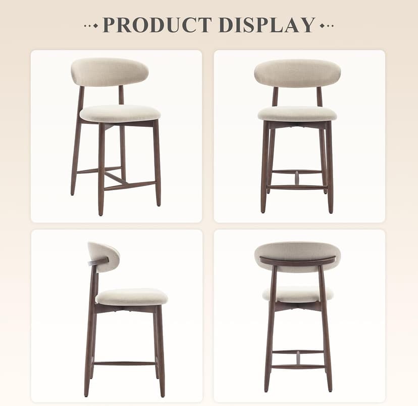 COLAMY Counter Height Bar Stools Set of 2, Kitchen Bar Stools with Back, Mid Century Modern Upholstered, with Wood Legs for Kitchen Island Dining Room, Beige