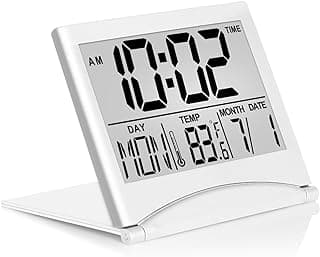 Betus Digital Travel Alarm Clock - Foldable Calendar Temperature Timer LCD Clock with Snooze Mode - Large Number Display, Battery Operated - Compact Desk Clock(Silver, No Backlight)