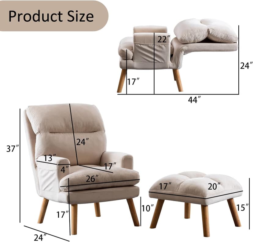 INZOY Accent Chairs with Ottoman Set, Modern Velvet Armchair with Adjustable Backrest, Comfy Lounge Chair for Living Room Bedroom, Beige