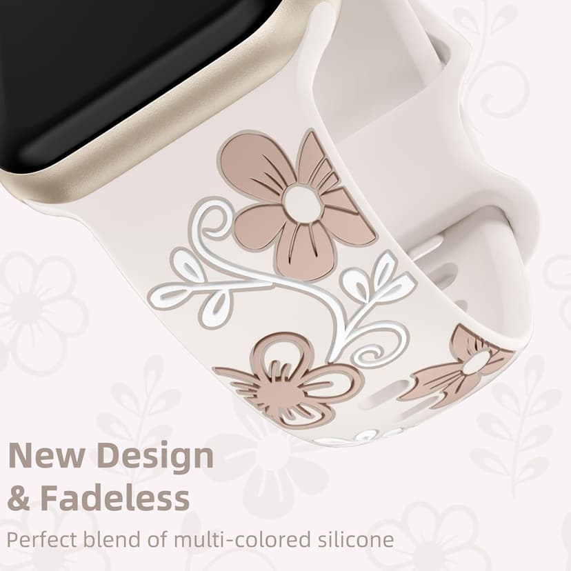 Witzon Floral Band Compatible with Apple Watch Bands For Women 40mm 41mm 38mm 42mm 44mm 45mm 46mm 49mm, Engraved Cute Flower Silicone Dressy Strap for iWatch Series 11 10 9 8 7 6 5 4 3 2 SE Ultra