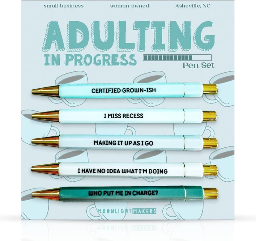 Engraved Funny Pens for Adults, Appreciation Gifts, Ideal Desk Decor for Work and Office Desk, Cute Packaging, Handy Clips Moonlight Makers Ballpoint Pens Black Ink, Set of 5, Adulting in Progress B0FLSB39H6