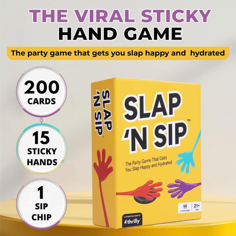 Slap N Sip A Hilarious Drinking Game with Sticky Hands, 200 Cards & A Sip Chip, Fast-Paced Adult Party Game for Game Nights, Funny Gift for Adults Ages 21+