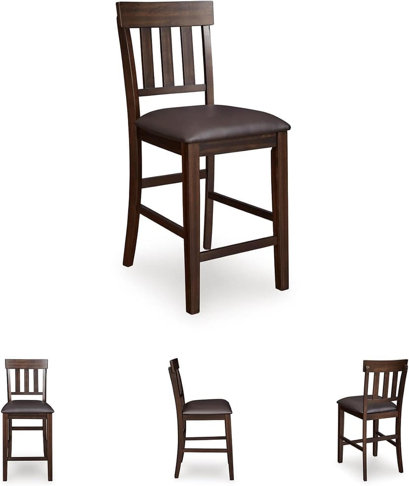 Signature Design by Ashley Haddigan Upholstered Barstool, 2 Count, Slat Back Design, Cushioned Seat, Wood, 25.5" H, Dark Brown