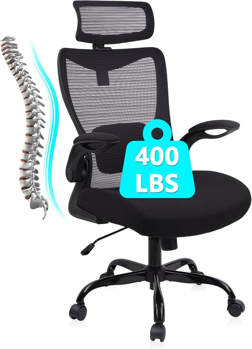 CLATINA Heavy Duty Ergonomic Mesh Office Chair 400LBS, Big and Tall Desk Chair with Adjustable Lumbar Support & Headrest, Flip Up Padded Arms, Swivel Computer Chair for Home, Study, Conference, Black