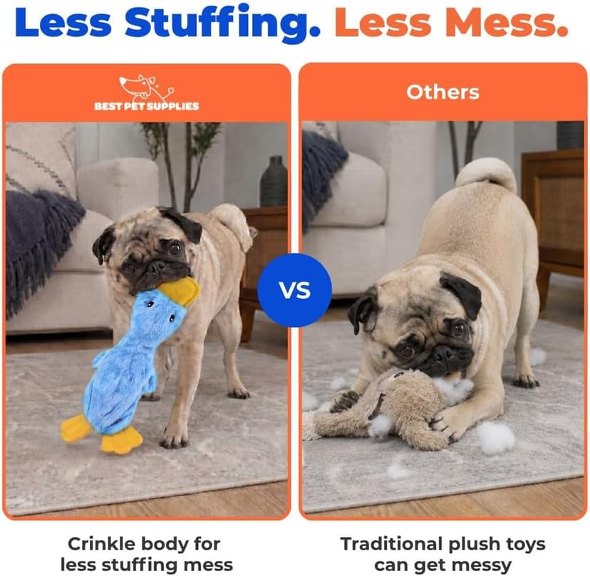 Stuffing Free Body, Soft, Squeaks & Crinkles, No Mess, Perfect for Moderate Chewers, Toss and Fetch Play Best Pet Supplies Interactive Squeaky Dog Toy - Crinkle Duck, Blue B09BBL8T4Z