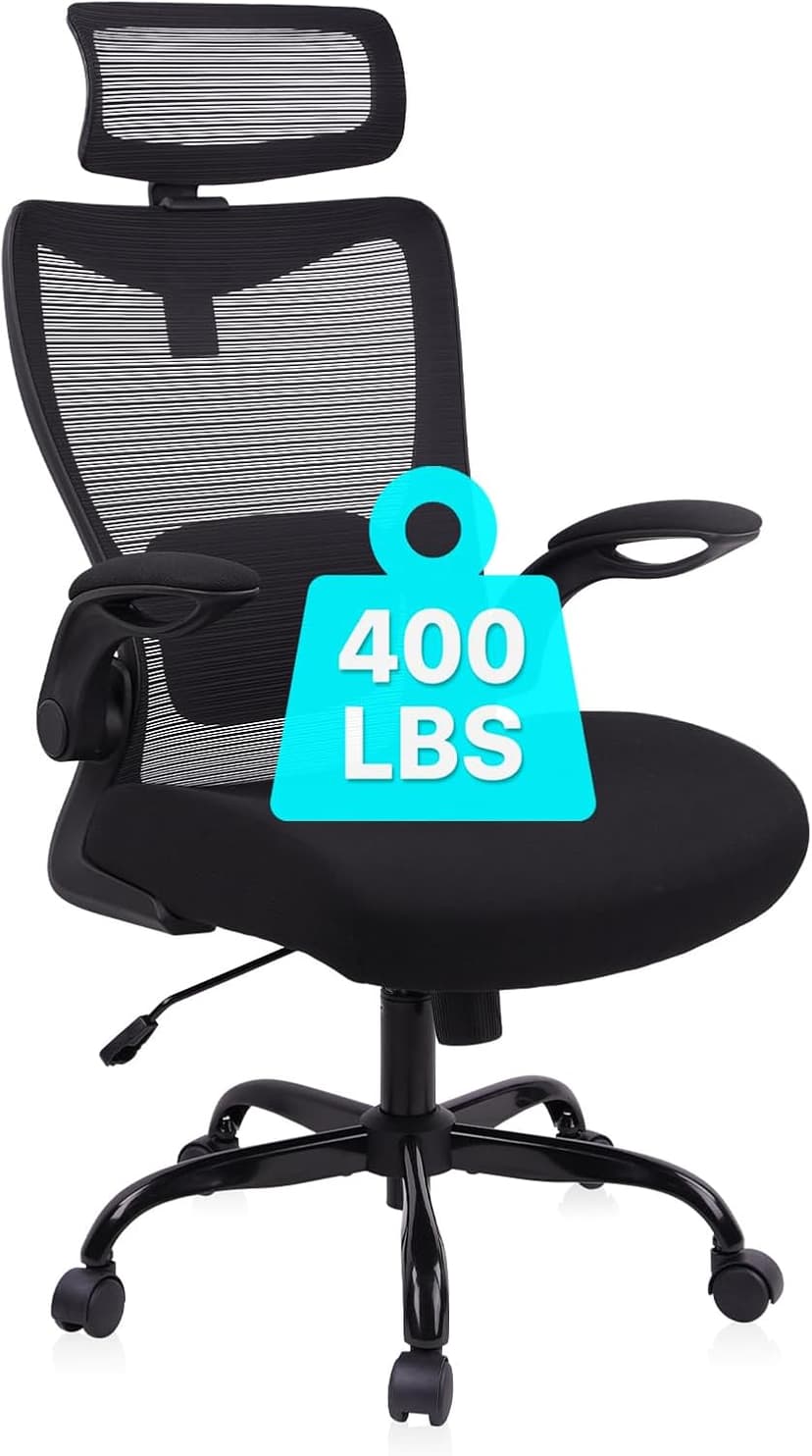 CLATINA Heavy Duty Ergonomic Mesh Office Chair 400LBS, Big and Tall Desk Chair with Adjustable Lumbar Support & Headrest, Flip Up Padded Arms, Swivel Computer Chair for Home, Study, Conference, Black