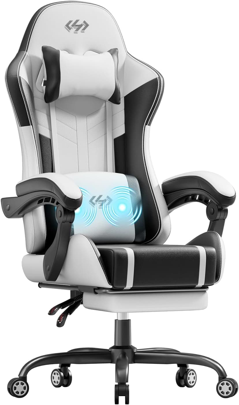 HLDIRECT Gaming Chair, Ergonomic Video Game Seat with 360° Swivel & Lumbar Massage, Computer Chair PU Leather Cushion for Adults Home/Office Use (Black & White)