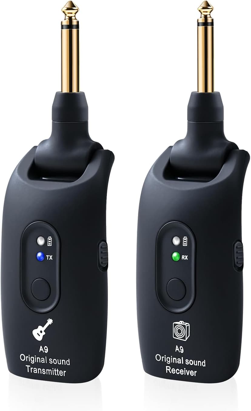 A9 Wireless Guitar System - 2.4GHz Guitar Accessories Transmitter Receiver, 24-bit 48KHz Audio, 100ft Range, No Latency, 4-Hour Rechargeable Battery, for Electric Bass (Black(1TX+1RX))
