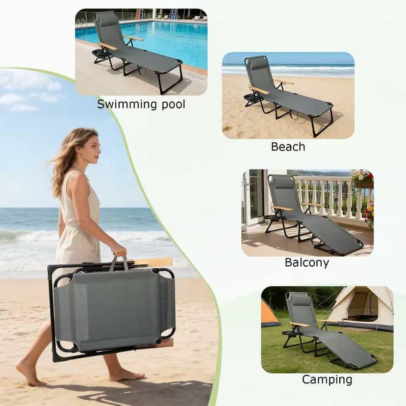Folding Lounge Chair with Canopy, Tanning Chair with 4-Position Reclining Back, Folding Sun Lounger, Outdoor Lounge Chair for Beach, Poolside, Backyard, Camping, UPF 50+ Sun Shade, 300 LBS