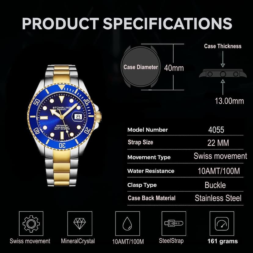 Stuhrling Original Men's Dive Watch, Swiss Movement, Stainless Steel, Blue Dial, Stainless Steel Bracelet, 100M Water Resistant