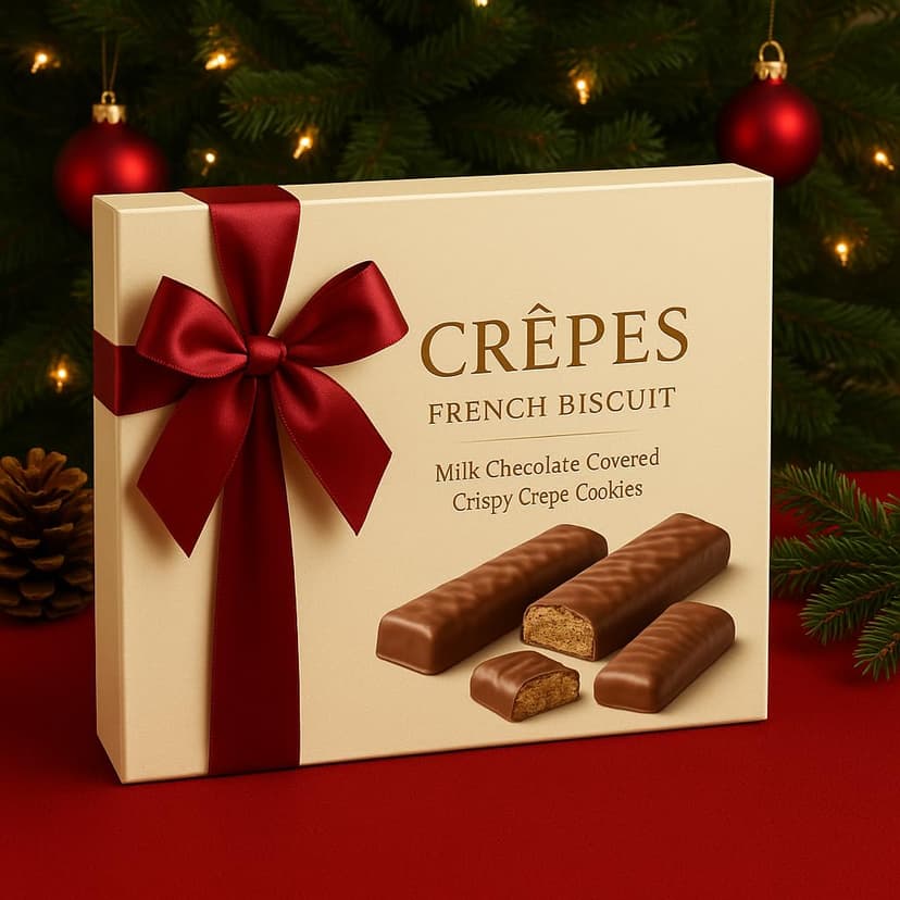 Luxury Crepes French Biscuit Gift Box, Milk Chocolate Covered Crispy Crepe Cookies – European Gourmet Chocolate Biscuits in Elegant Gift Packaging, 19.36 oz – Holiday Treat & Christmas Gift Box.Package May Vary