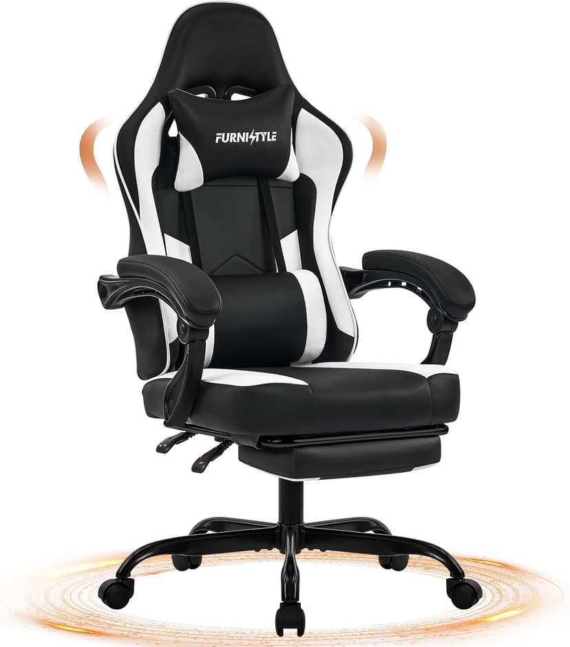 Gaming Chair with Footrest, Reclining Video Game Chairs for Adults with Lumbar Support, Linkage Armrests, Ergonomic Computer Chair for Gaming or Office, PU Black-White