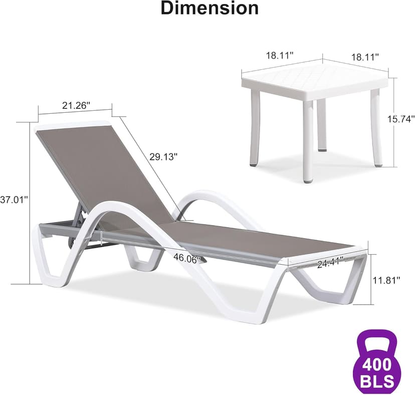 PURPLE LEAF Patio Chaise Lounge Chair Set of 3 Outside Aluminum Plastic Stackable Tanning Chairs with Armrests and Side Table for Pool Sunbathing Beach Deck Outdoor Lounger, Taupe