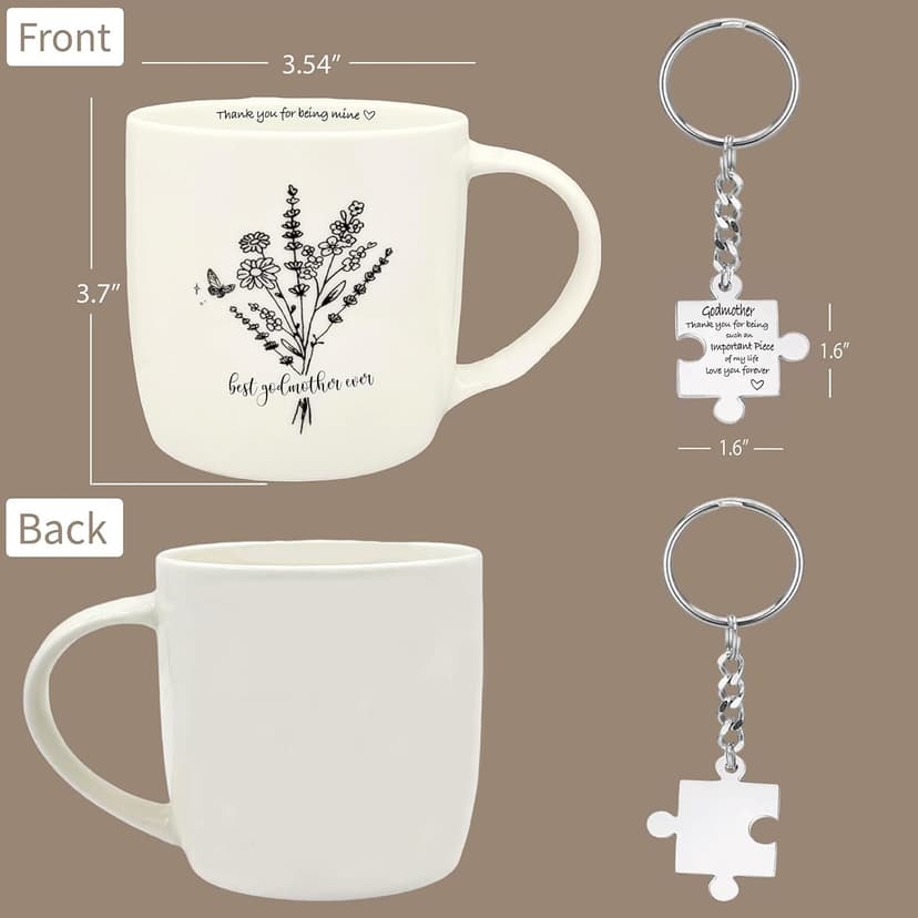 Best Godmother Ever Mug 12 Ounces Ceramic Coffee Cup Floral Beige with Keychain, Gift for Godmother Birthday, Mother’s Day, Christmas from Godchild
