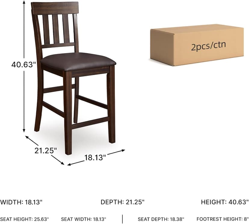 Signature Design by Ashley Haddigan Upholstered Barstool, 2 Count, Slat Back Design, Cushioned Seat, Wood, 25.5" H, Dark Brown
